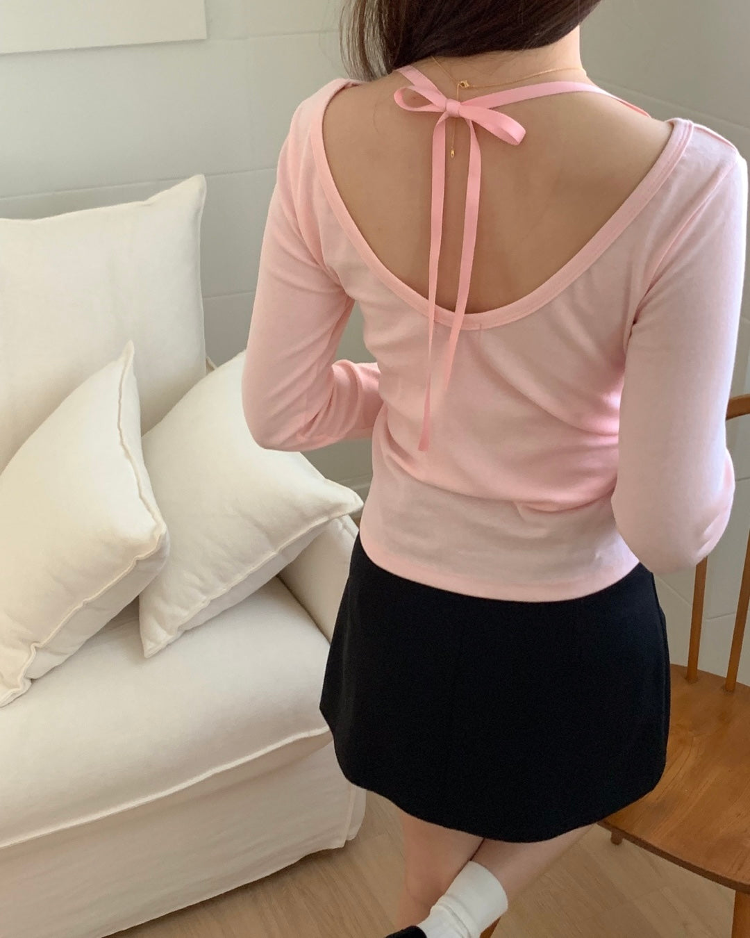 Side Shirring Ribbon Tie Top