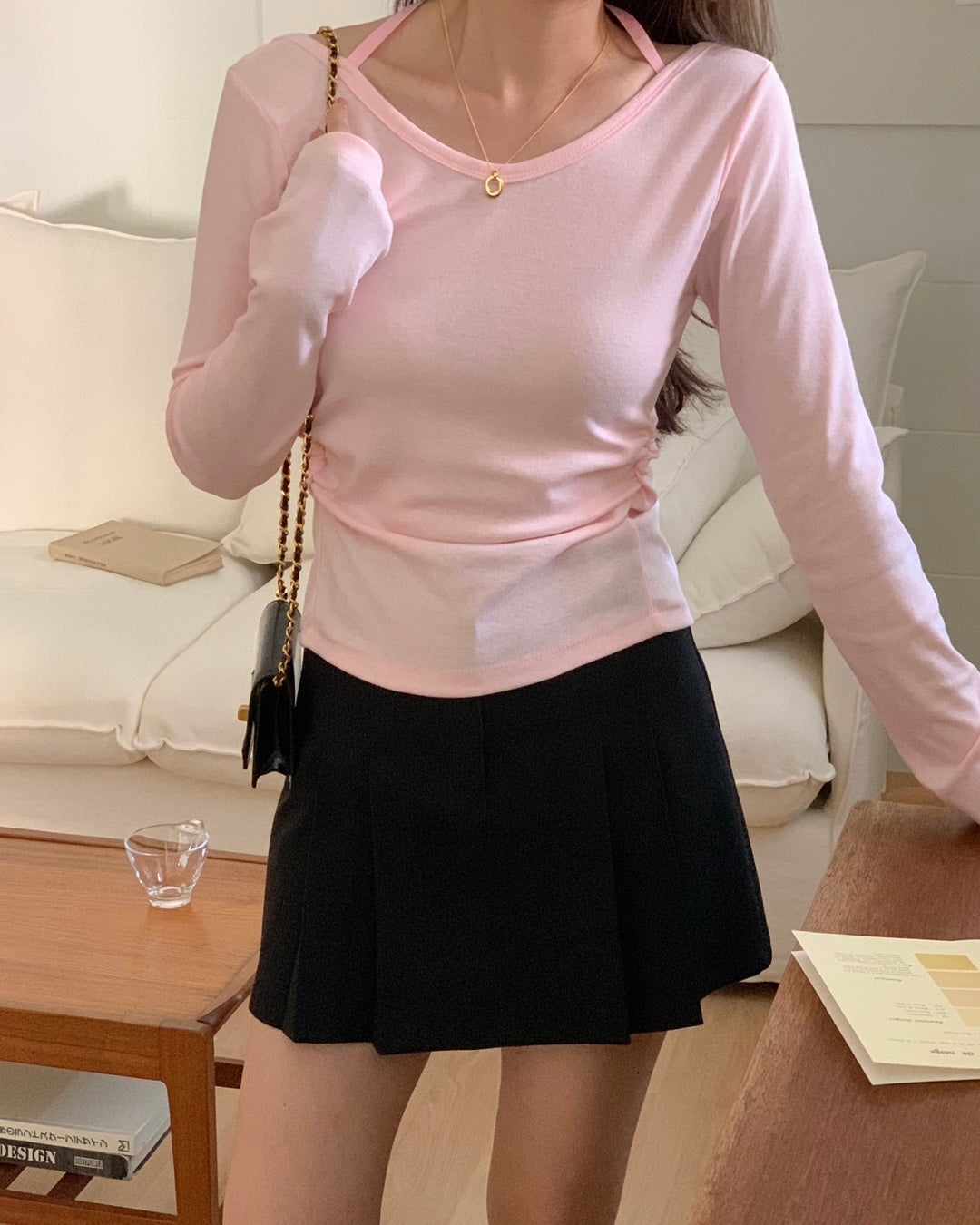 Side Shirring Ribbon Tie Top