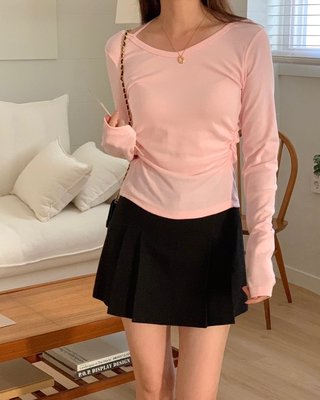 Side Shirring Ribbon Tie Top
