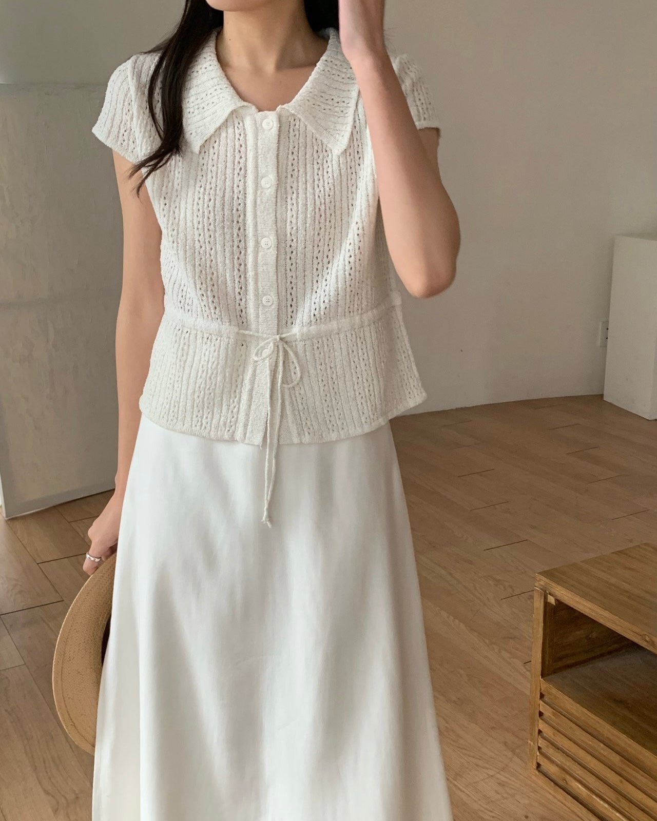 Waist Drawstring Punching Knit Cardigan