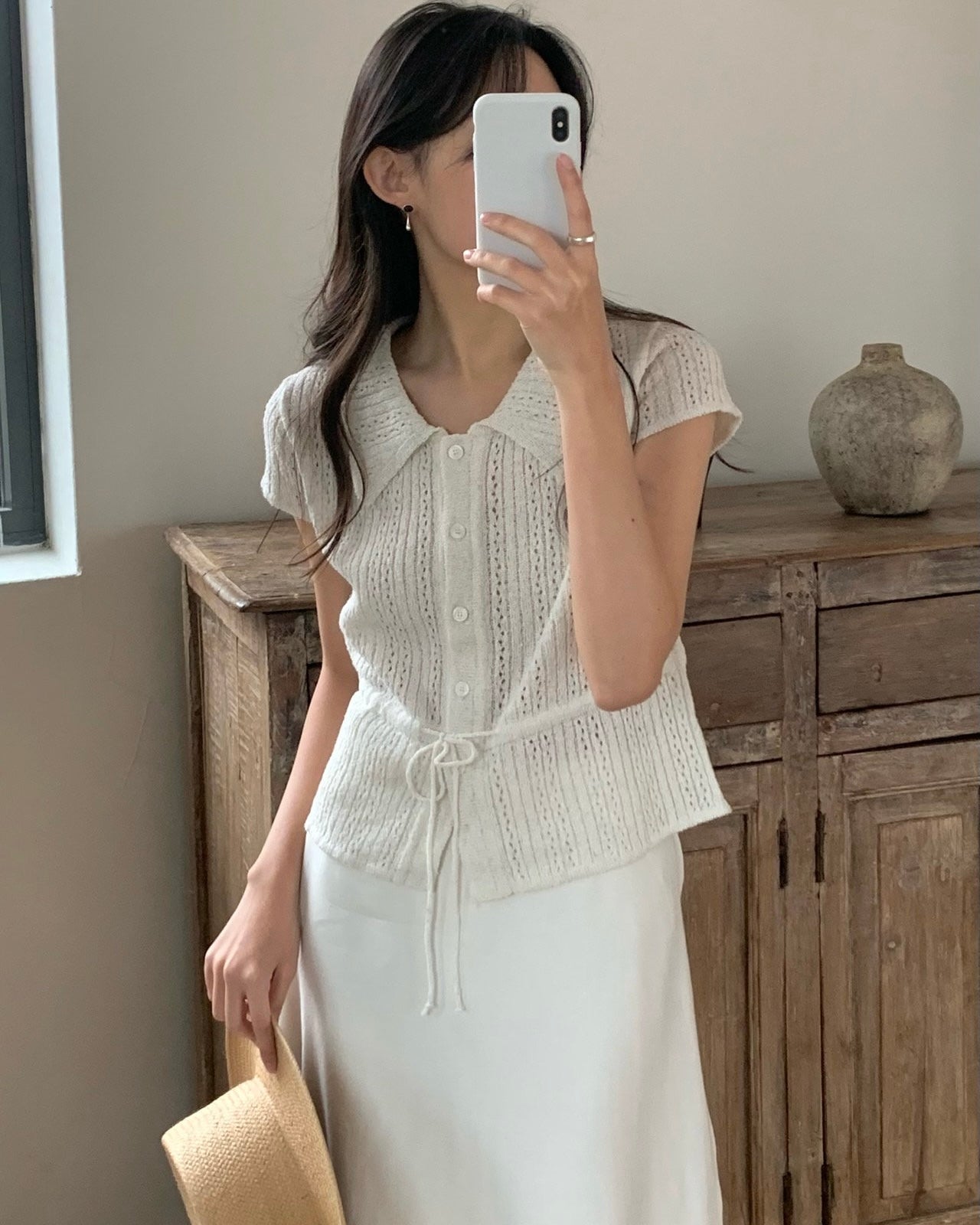 Waist Drawstring Punching Knit Cardigan