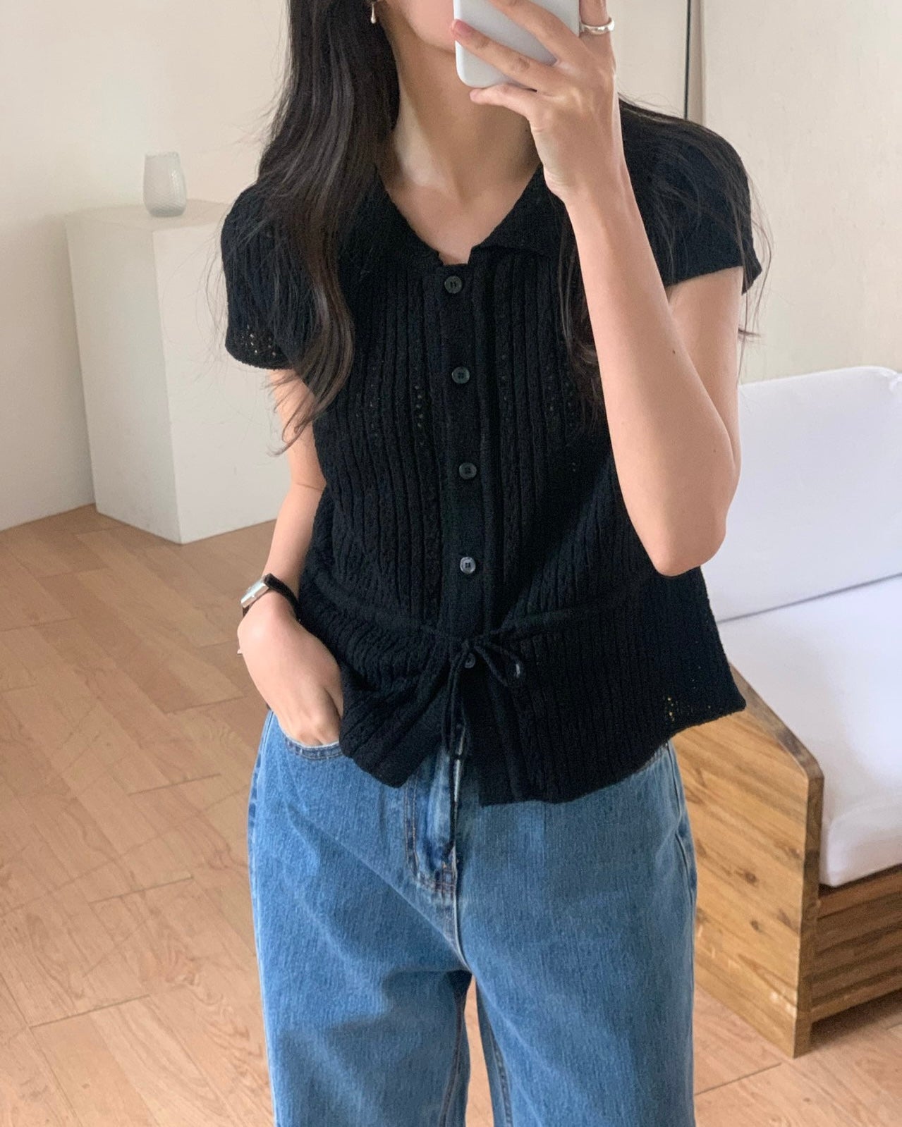 Waist Drawstring Punching Knit Cardigan