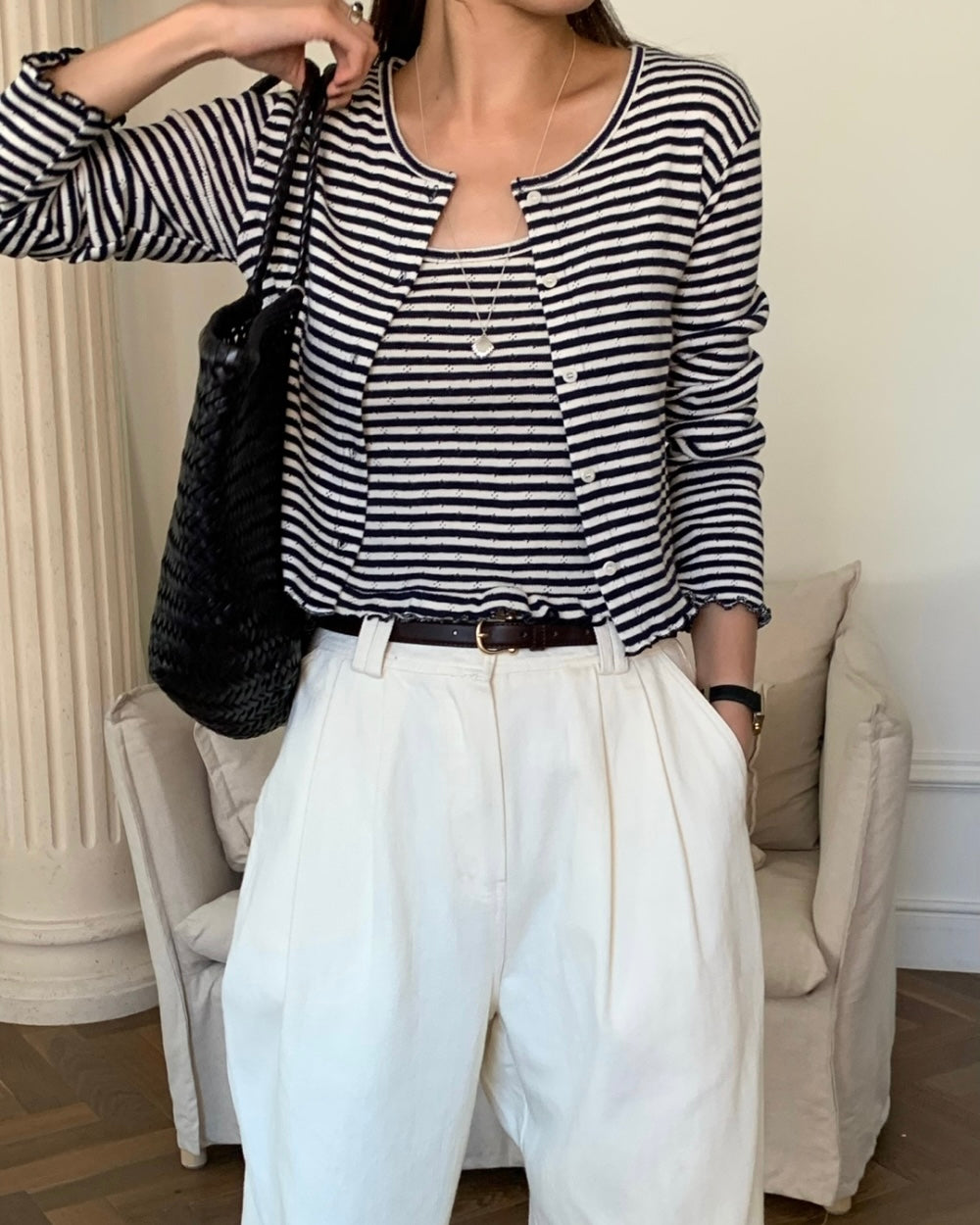 Wavy Trim Stripe Cardigan Set