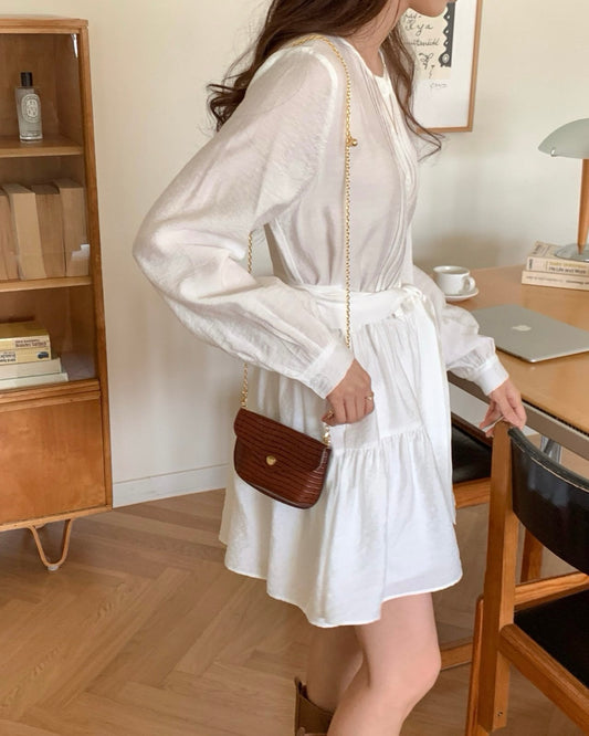 Pintuck Tiered Dress with Sash