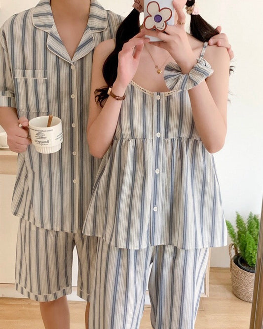 Blue Striped Matching Couple Pajama Set