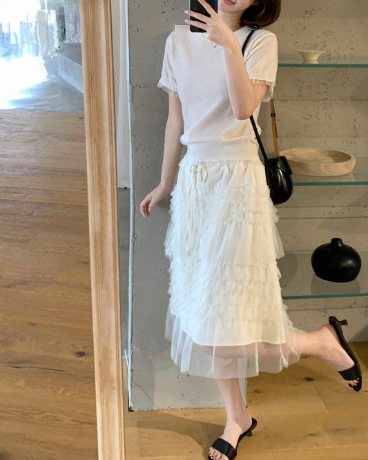 Tiered Mesh Midi Skirt