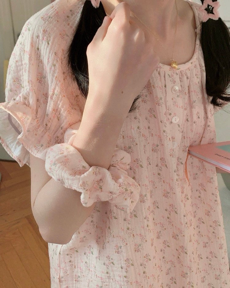 Blush Floral Ruffle Pajama Set with Scrunchie