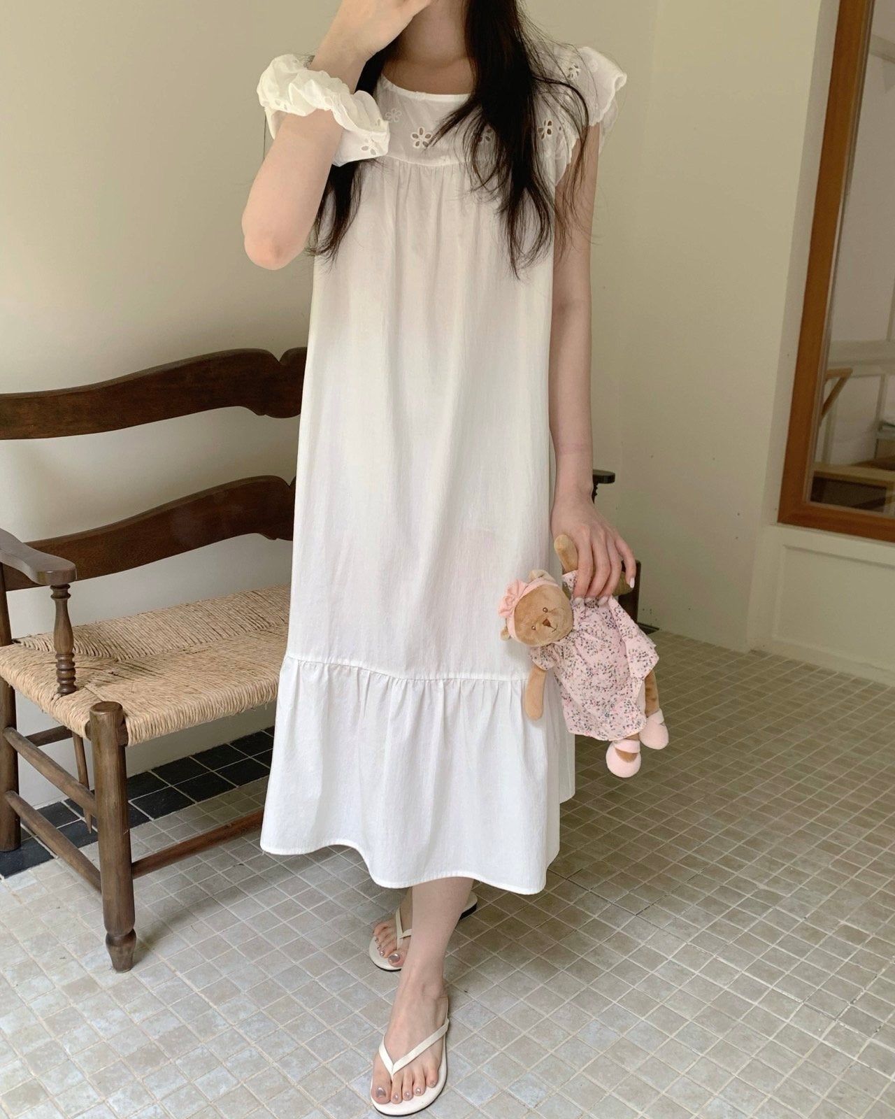 Floral Cutwork Pajama Dress with Scrunchie