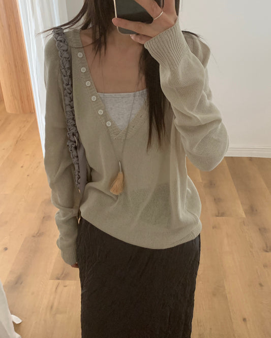 Sheer Button V-Knit