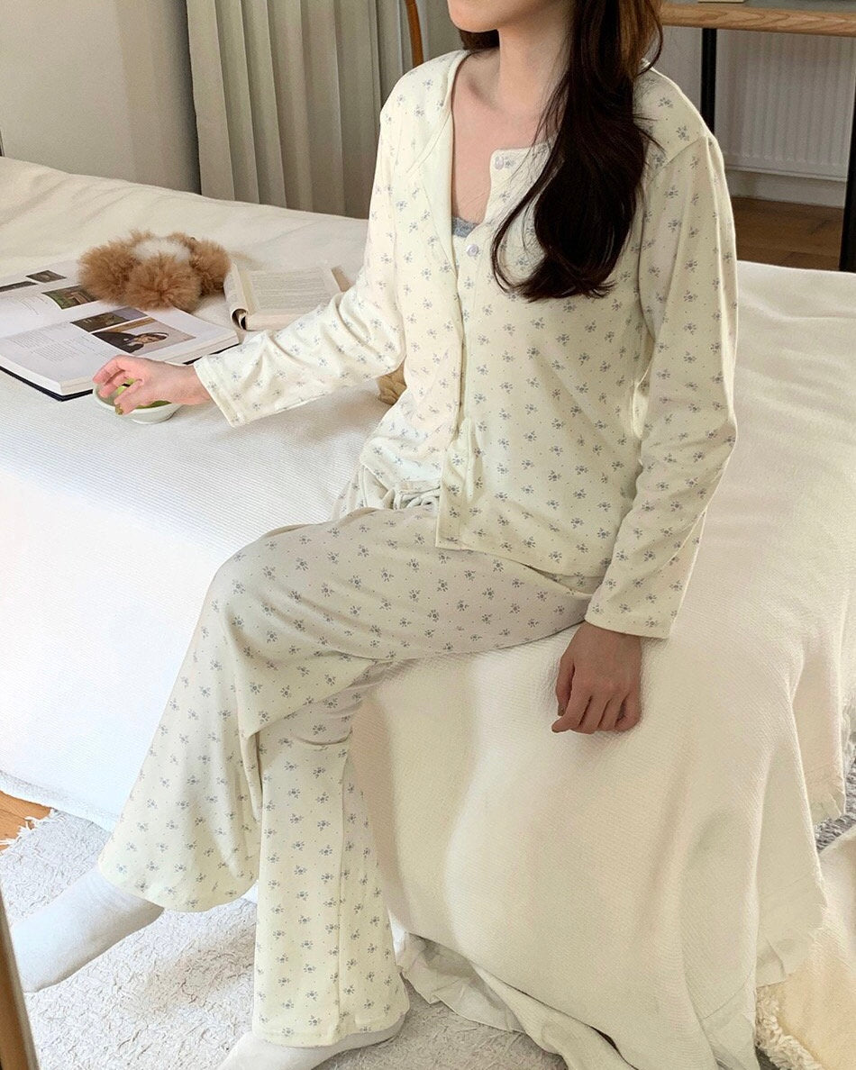 Floral Peach-Skin Pajama Set