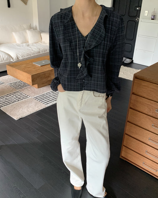 Vintage Check Ruffle Blouse