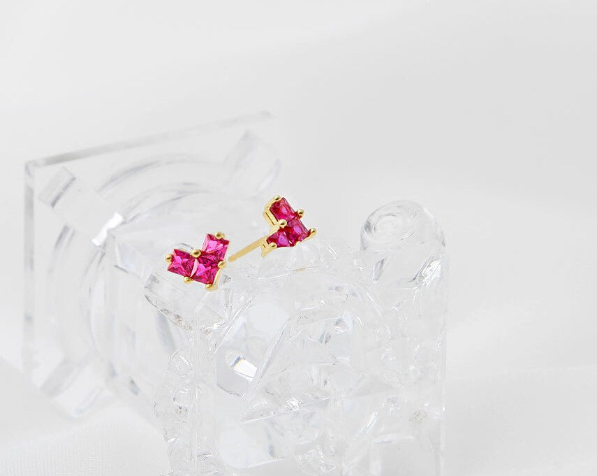 14K Gold Pin Hot Pink Heart Stud Earring