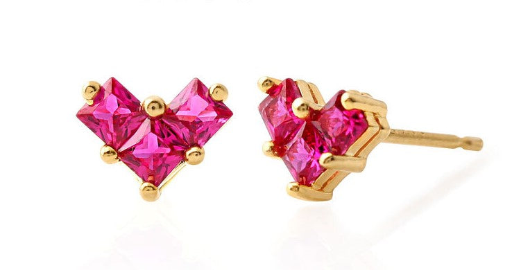 14K Gold Pin Hot Pink Heart Stud Earring