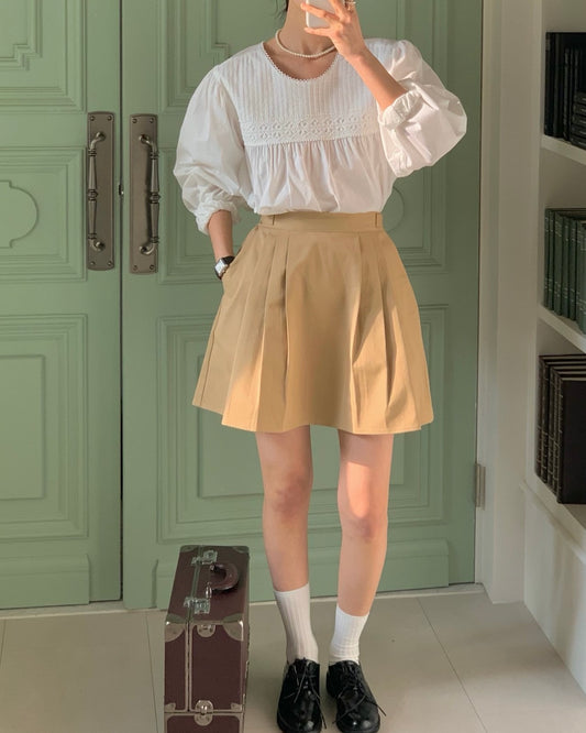 Pintuck Cotton Flare Skirt