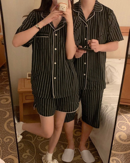 Black Striped Couple Pajama Set