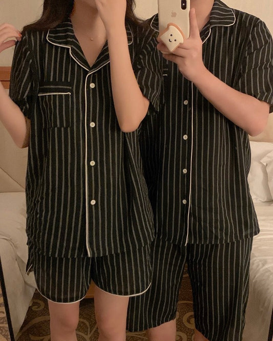 Black Striped Couple Pajama Set