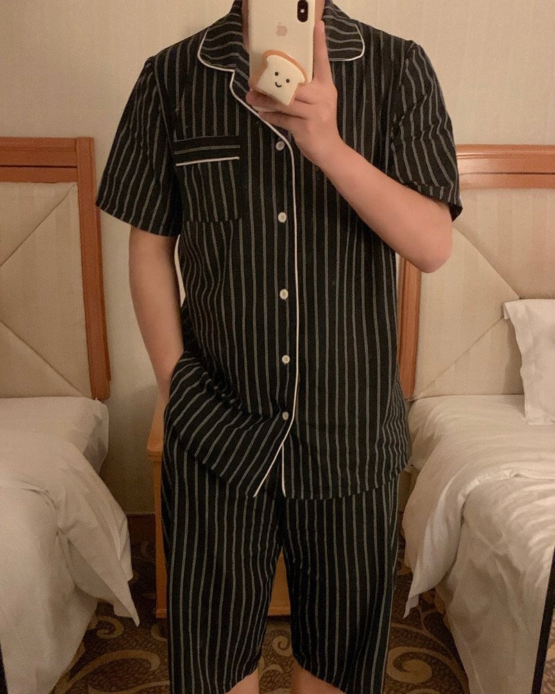 Black Striped Couple Pajama Set