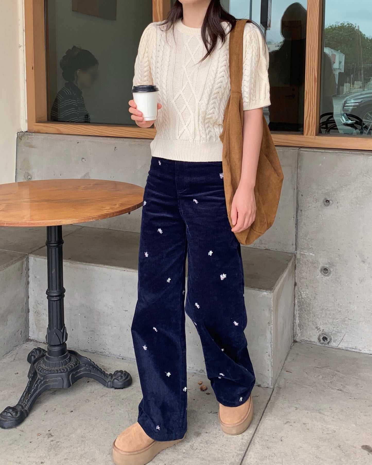 Flower Embroidered Corduroy Pants