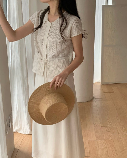 Waist Drawstring Punching Knit Cardigan