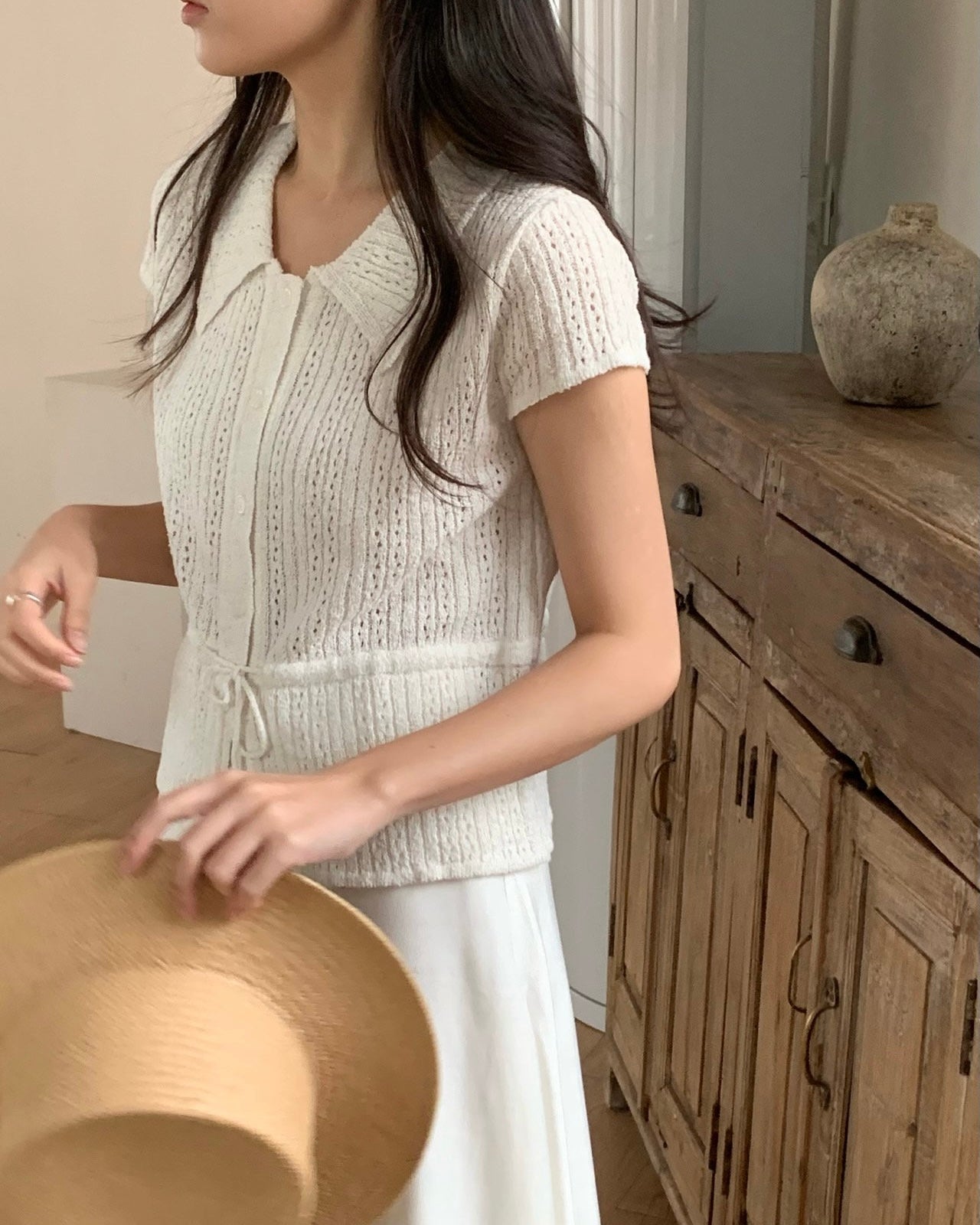 Waist Drawstring Punching Knit Cardigan