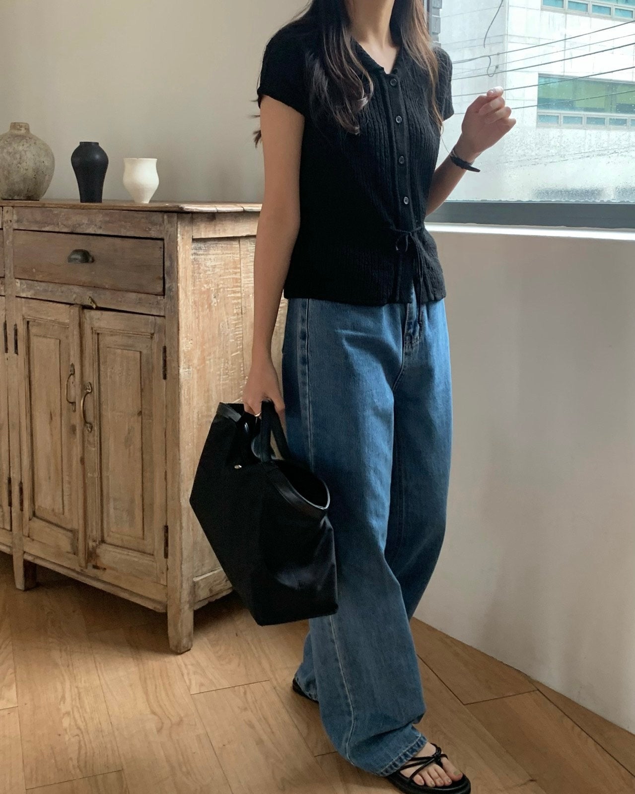 Waist Drawstring Punching Knit Cardigan