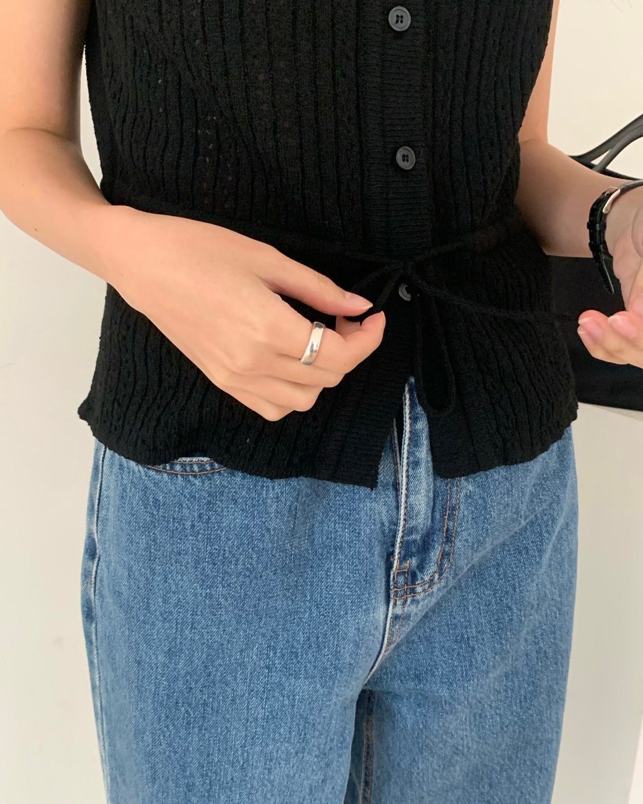 Waist Drawstring Punching Knit Cardigan