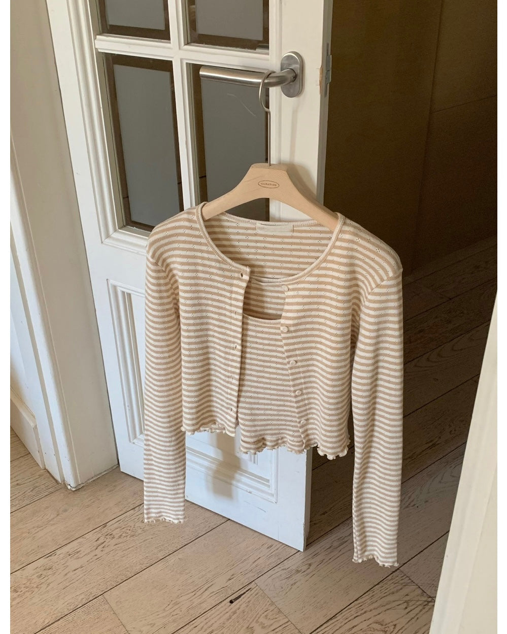 Wavy Trim Stripe Cardigan Set