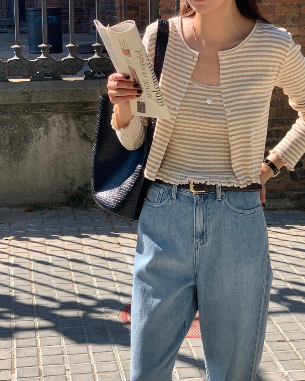 Wavy Trim Stripe Cardigan Set