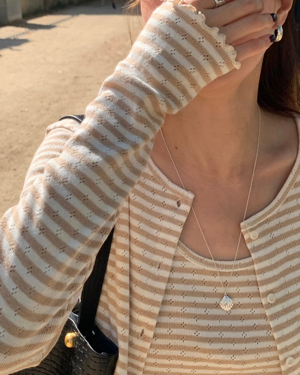 Wavy Trim Stripe Cardigan Set