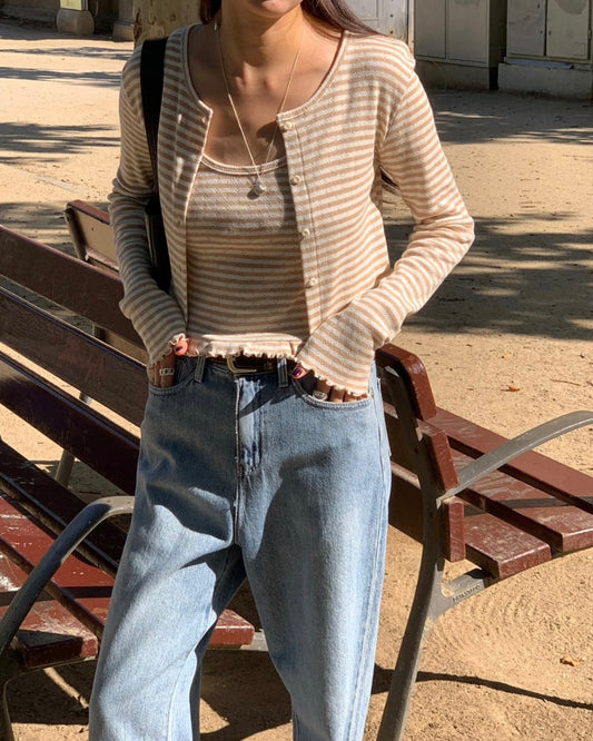 Wavy Trim Stripe Cardigan Set