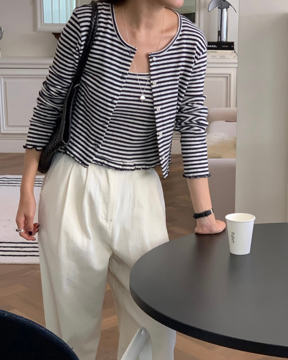 Wavy Trim Stripe Cardigan Set