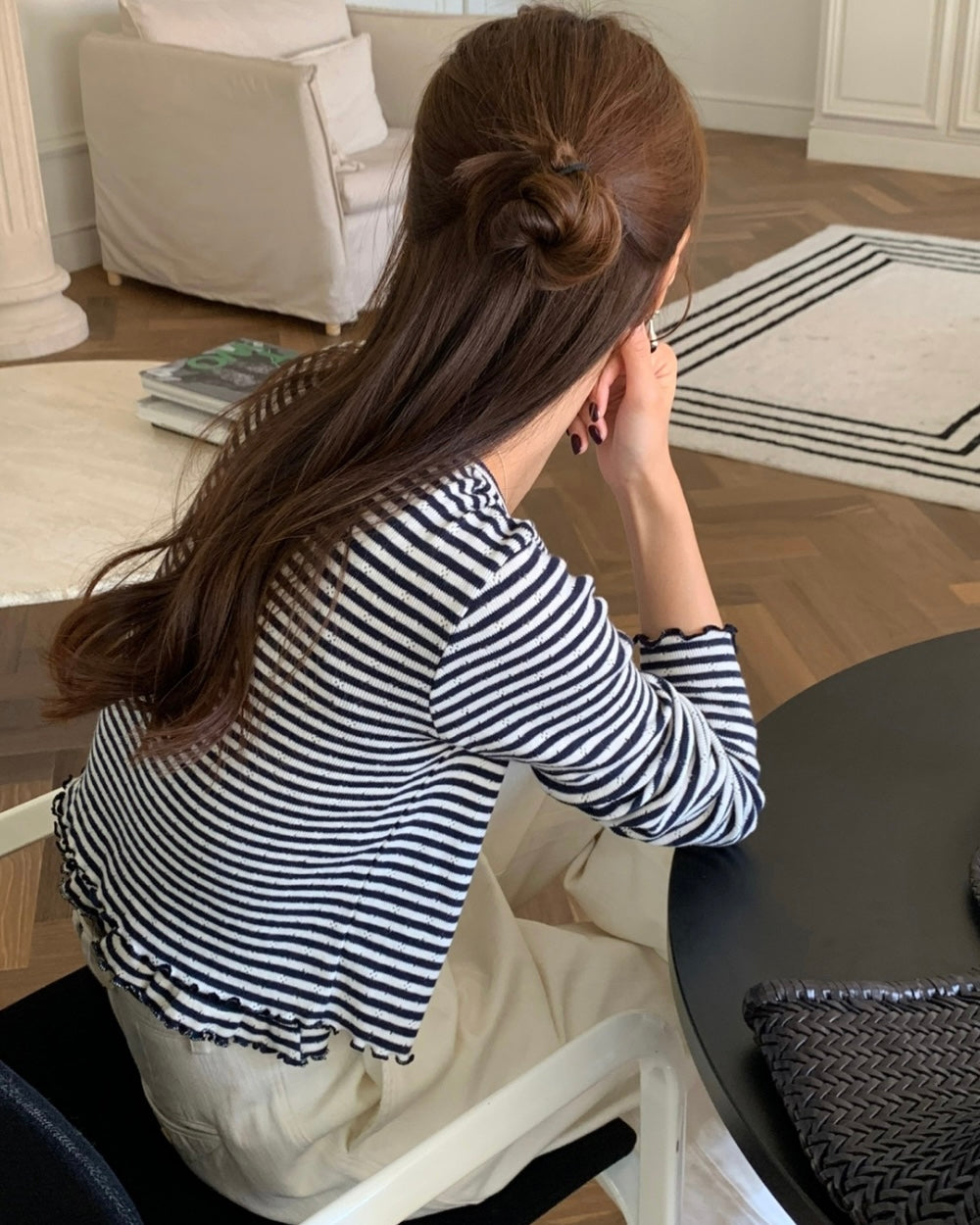 Wavy Trim Stripe Cardigan Set
