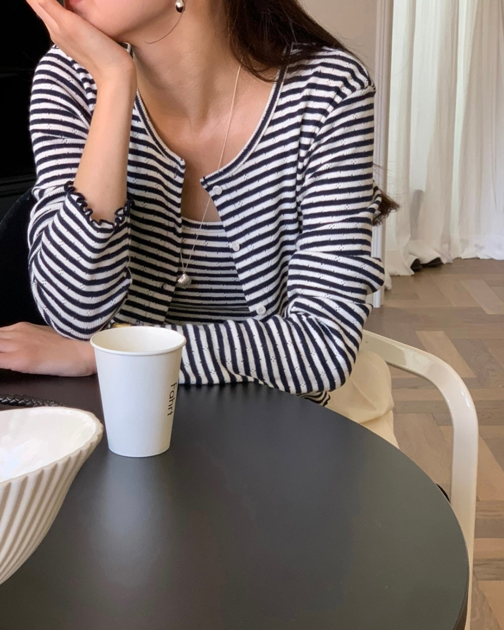 Wavy Trim Stripe Cardigan Set