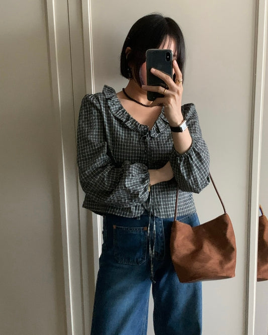 Ruffled Checkered Crop Blouse