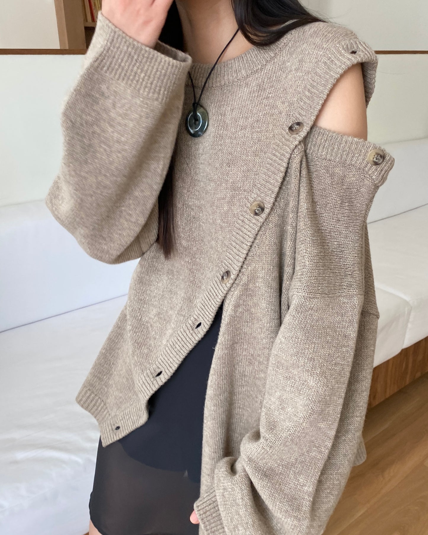 Slant-Button Wool Knit