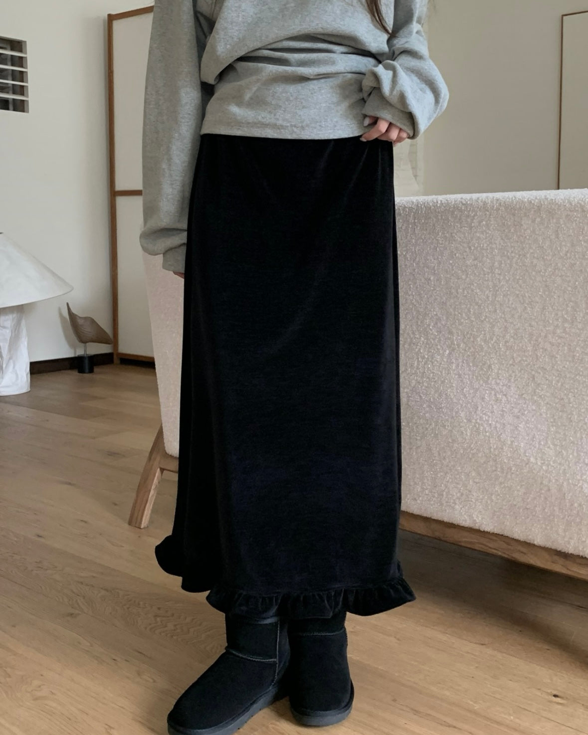 Ruffled Velvet Maxi Skirt