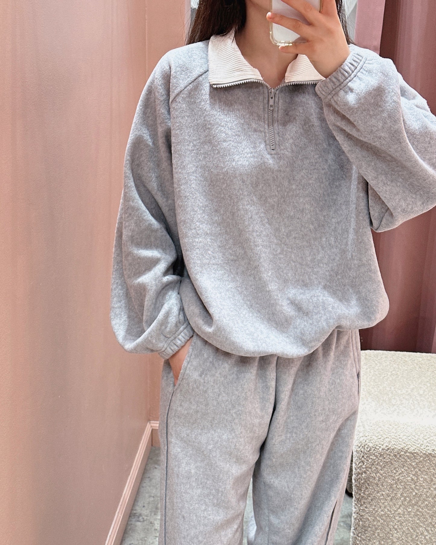 Corduroy Collar Fleece Tracksuit Set