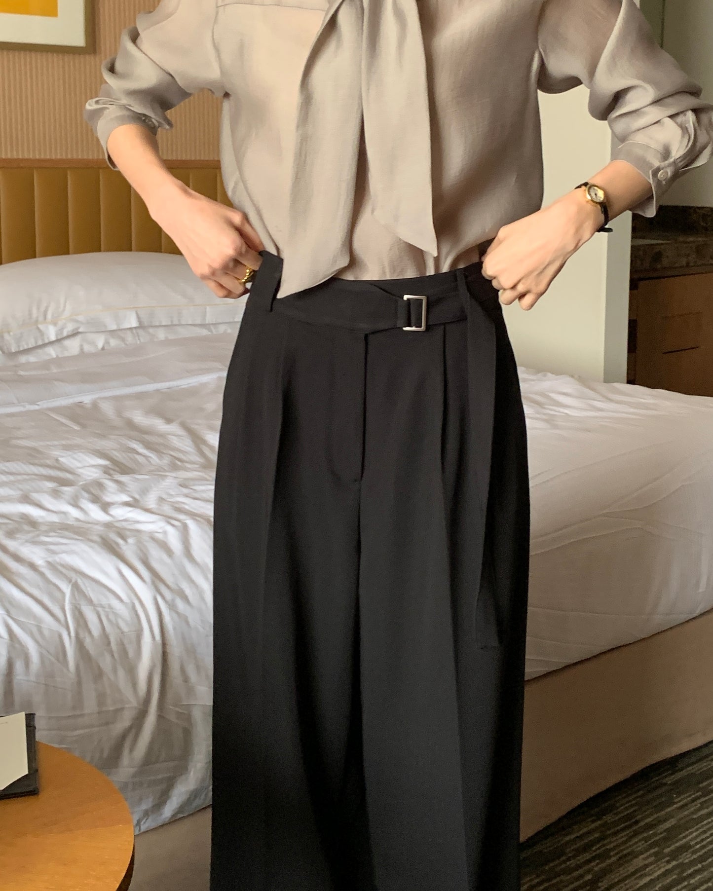 Buckle Tie Wide Leg Trousers