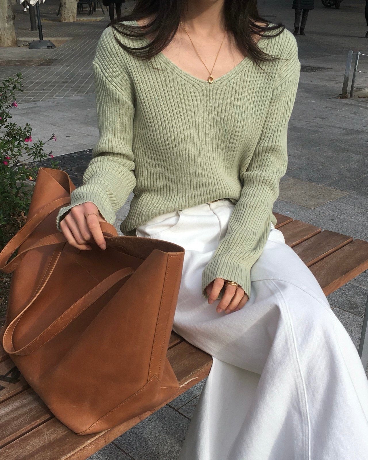 Deep V Ribbed Knit Pullover