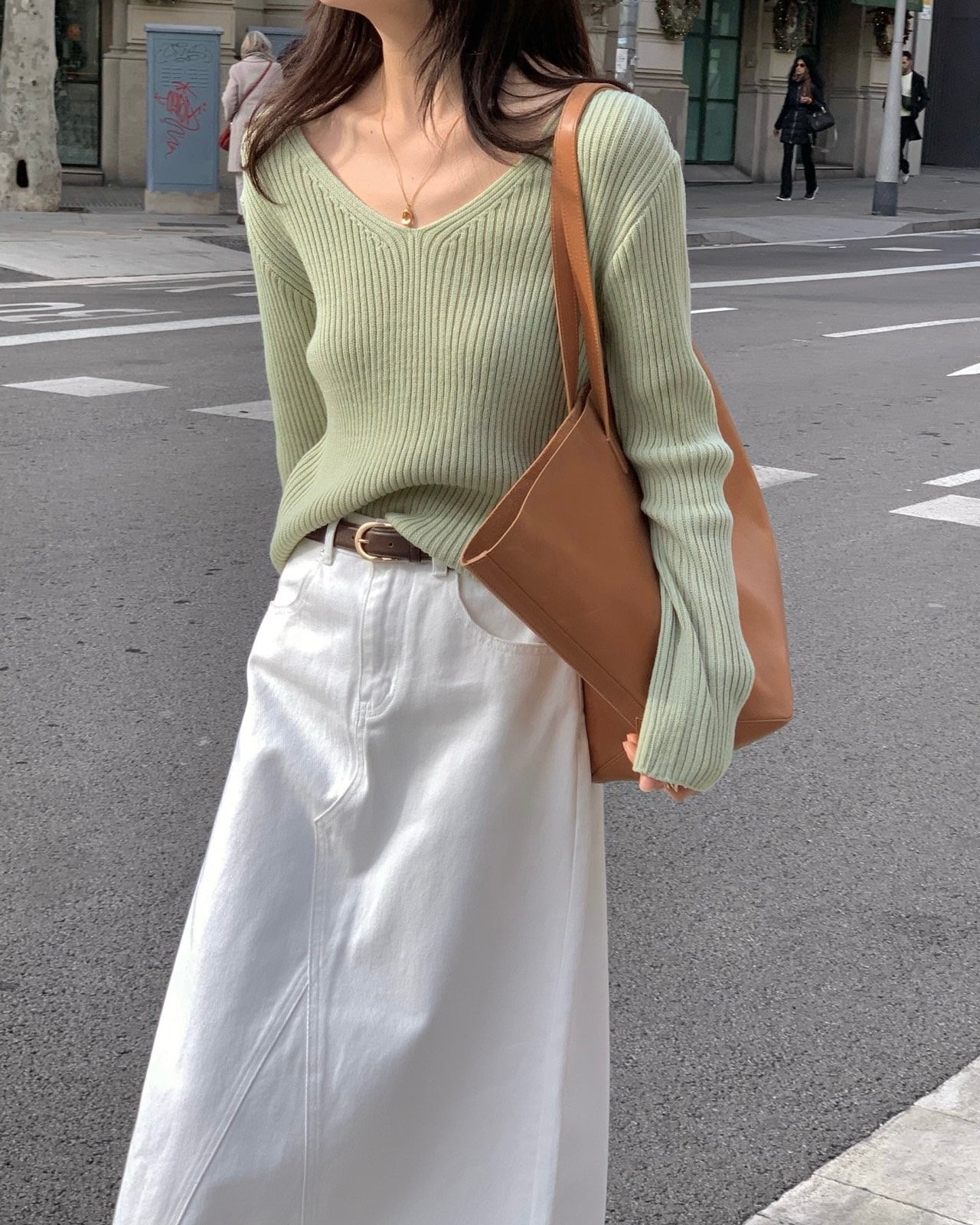 Deep V Ribbed Knit Pullover