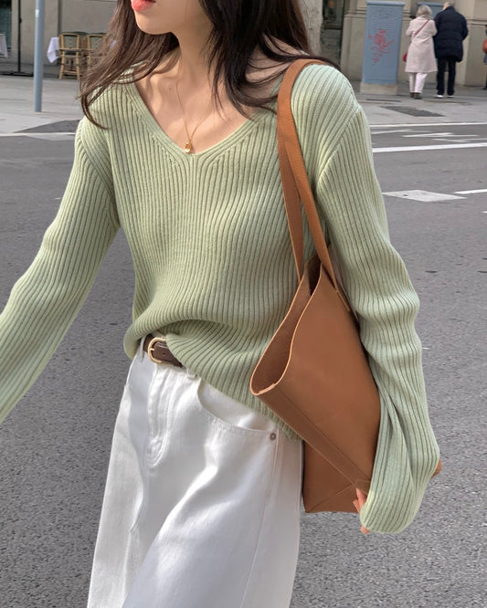 Deep V Ribbed Knit Pullover