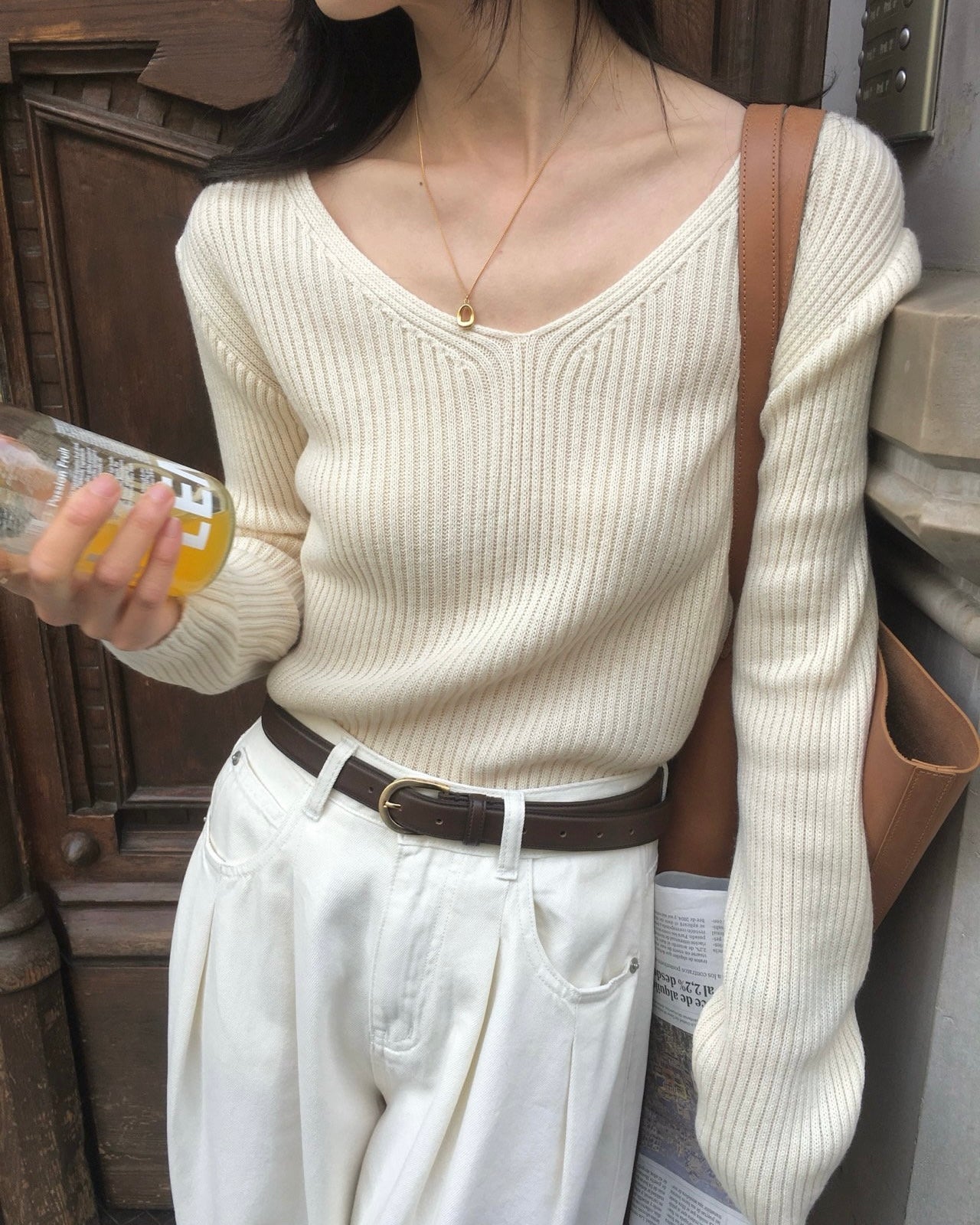 Deep V Ribbed Knit Pullover