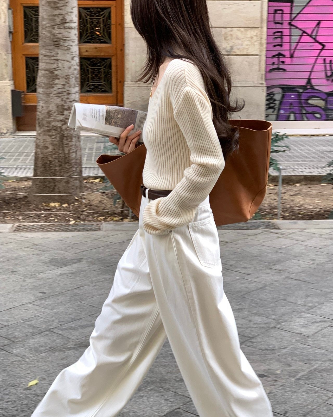 Deep V Ribbed Knit Pullover