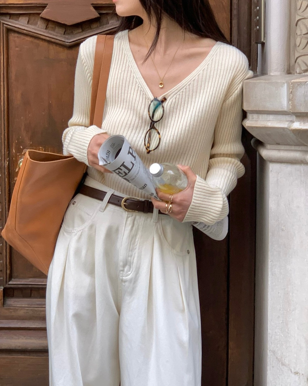 Deep V Ribbed Knit Pullover