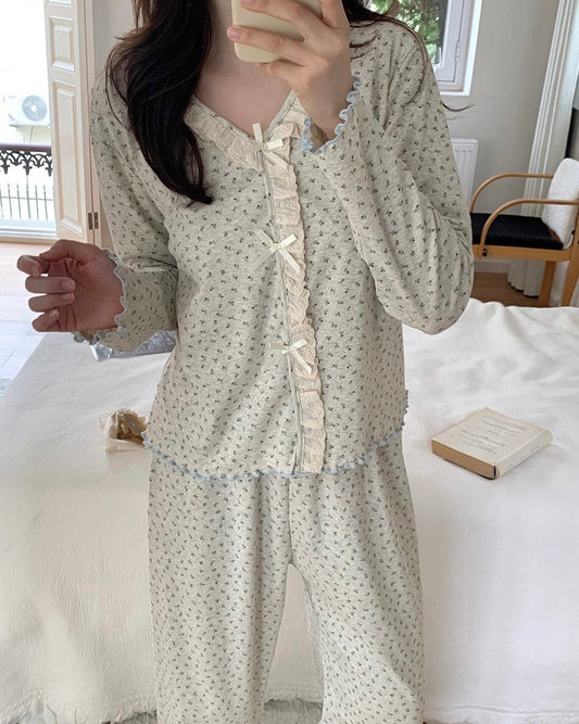 Tiny Floral Ruffle Bow Pajama Set