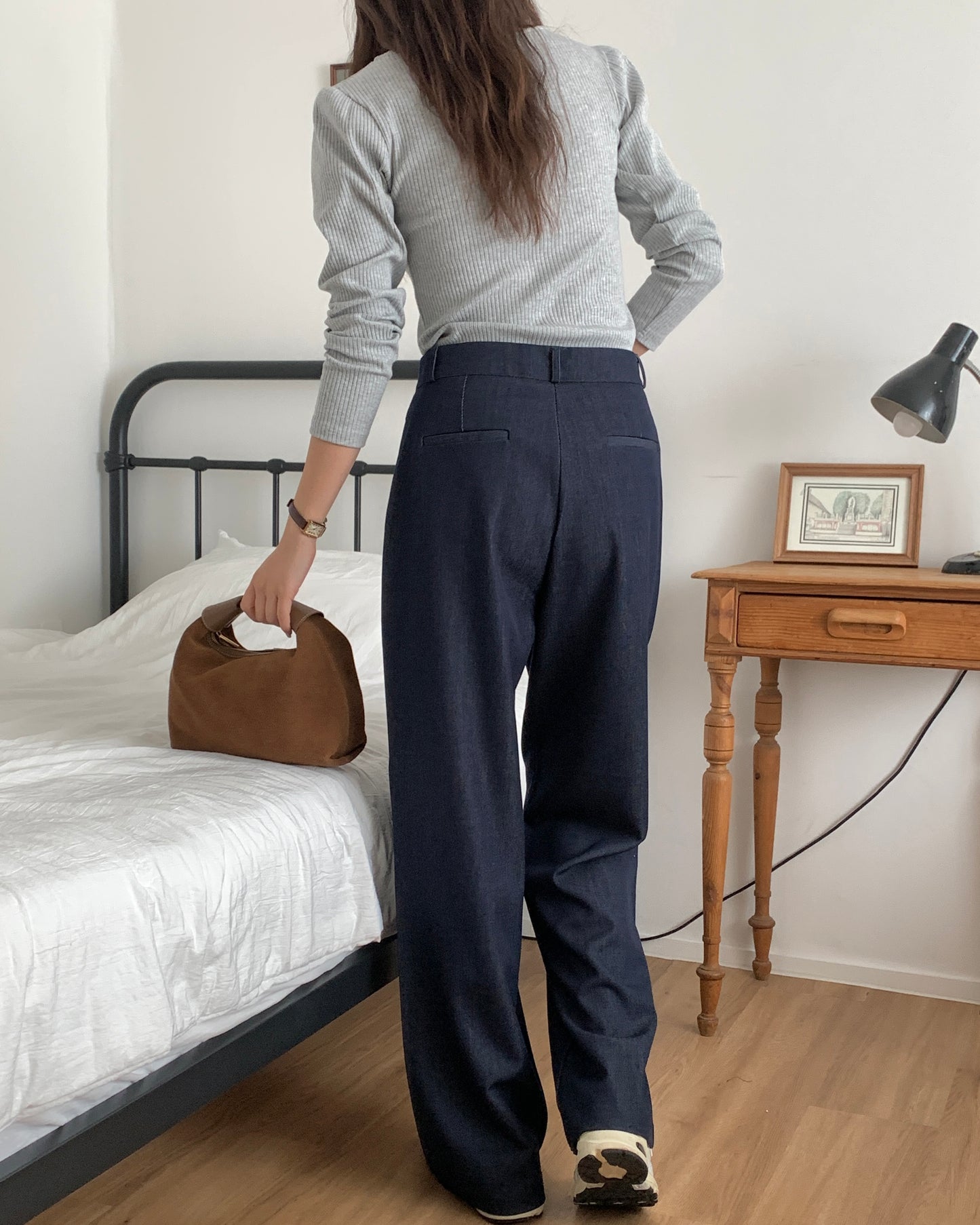 Pleated Wide Leg Indigo Trousers