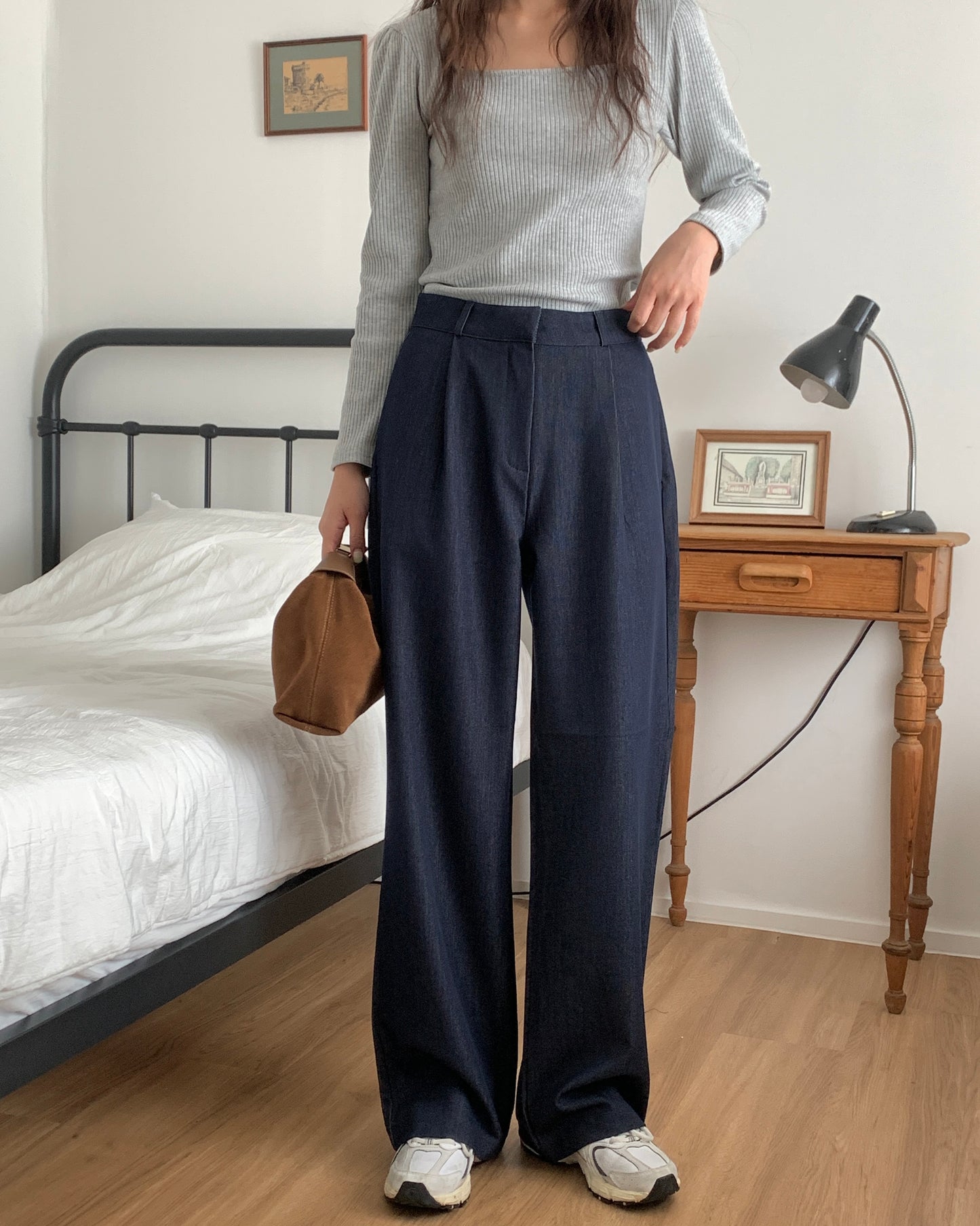 Pleated Wide Leg Indigo Trousers