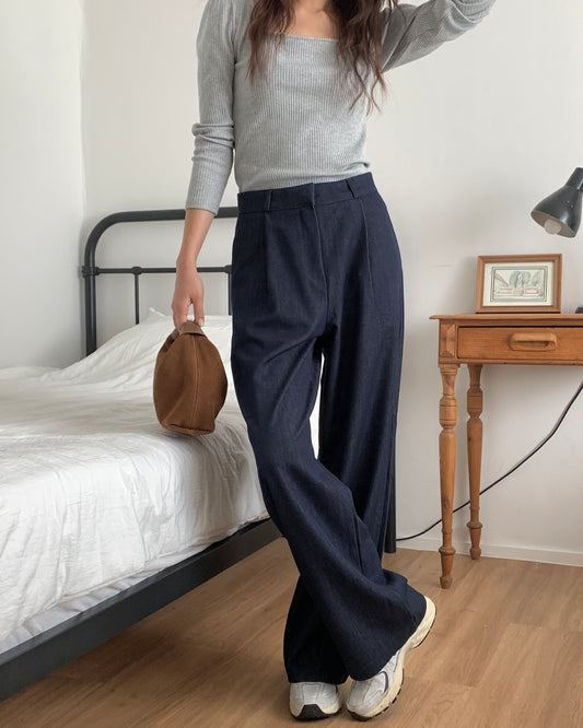Pleated Wide Leg Indigo Trousers
