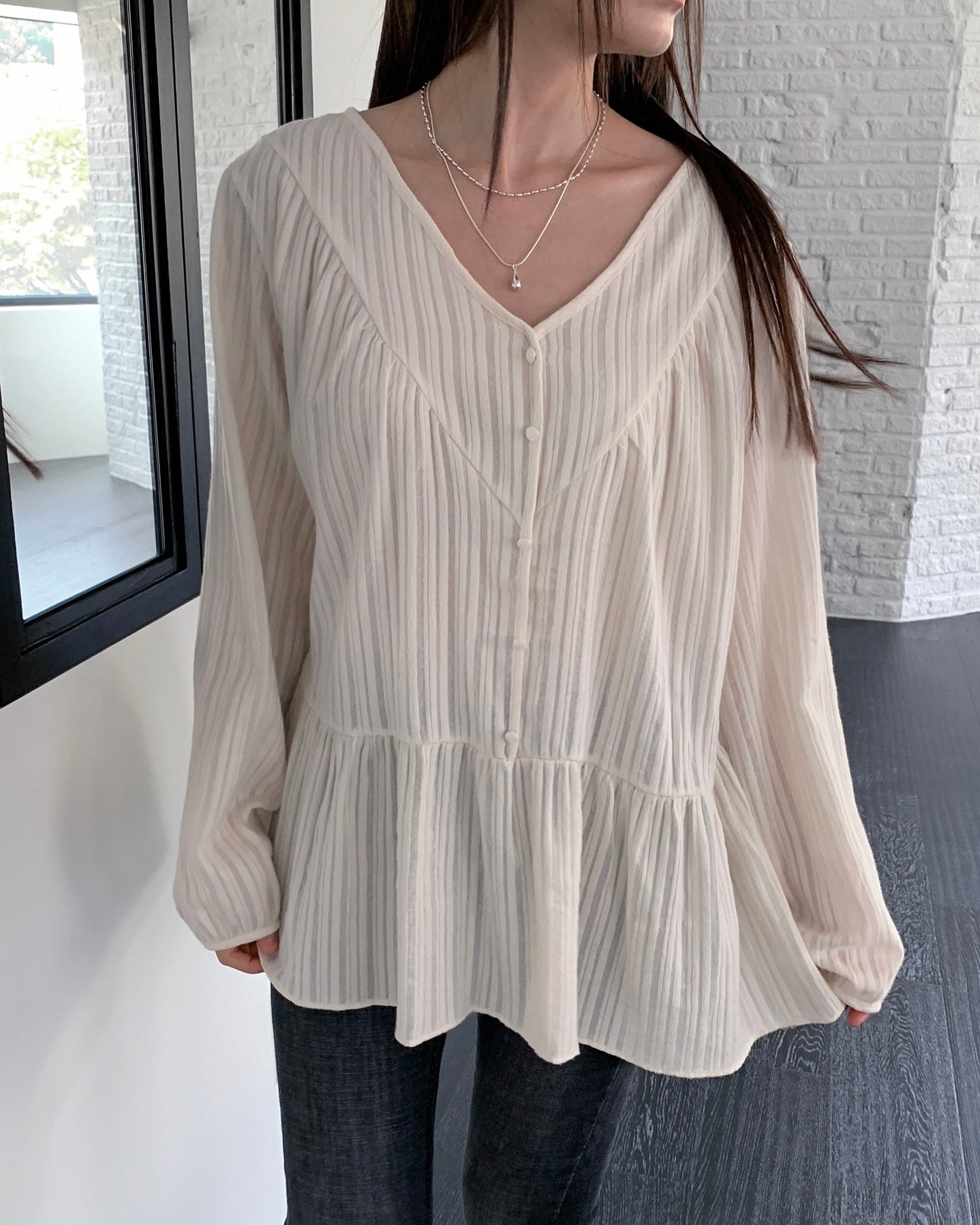 Sheer Peach Skin Peplum Blouse