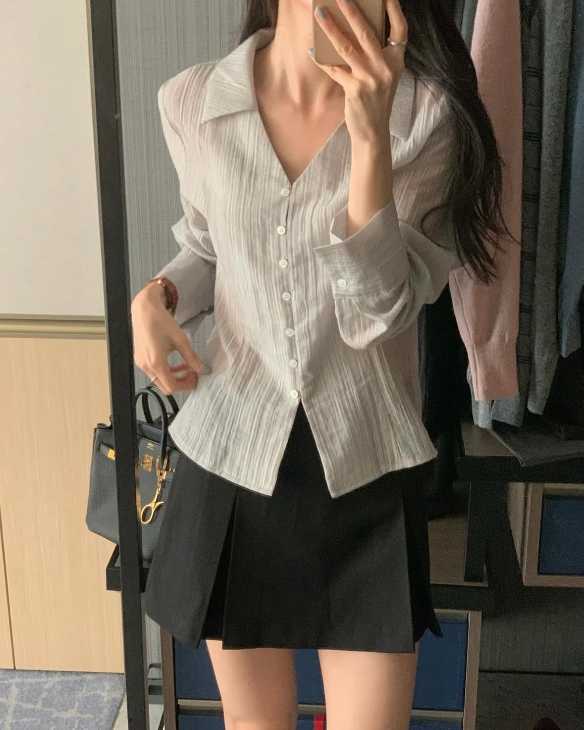 Crinkled Sheer Collar Blouse